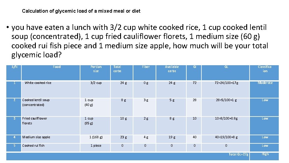 Calculation of glycemic load of a mixed meal or diet • you have eaten