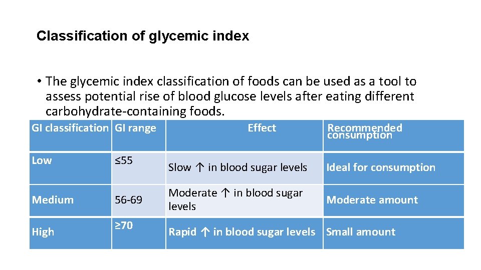 Classification of glycemic index • The glycemic index classification of foods can be used