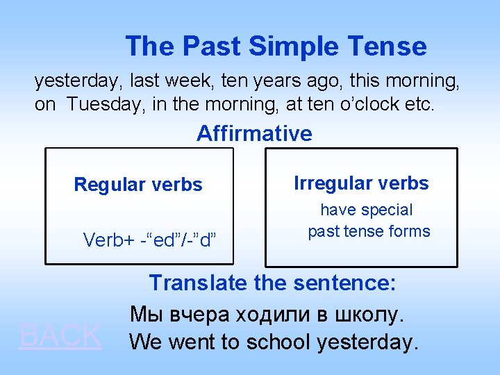 The Past Simple Tense yesterday, last week, ten years ago, this morning, on Tuesday,