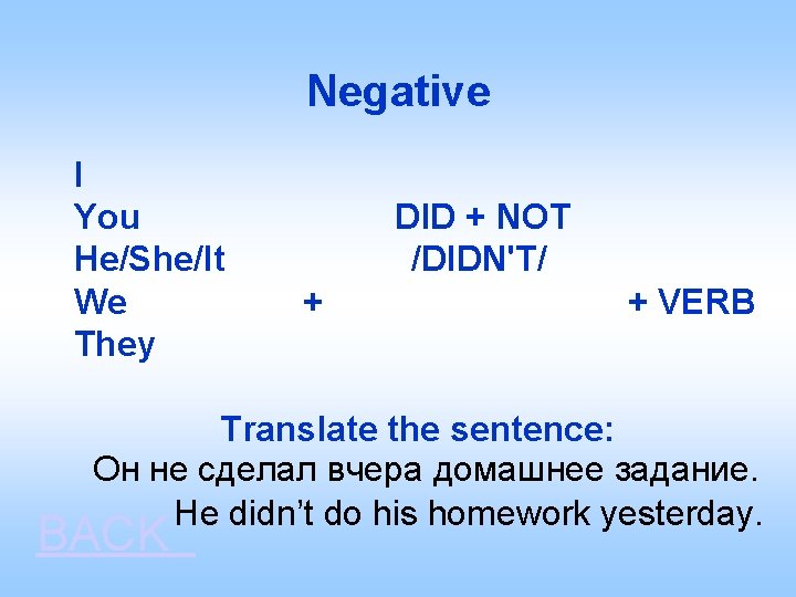 Negative I You DID + NOT He/She/It /DIDN'T/ We + + VERB They Translate