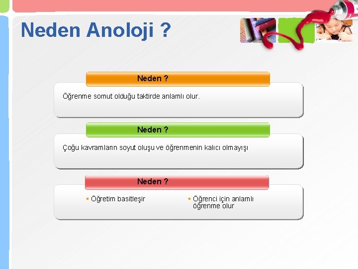 Neden Anoloji ? Neden ? Öğrenme somut olduğu taktirde anlamlı olur. Neden ? Çoğu