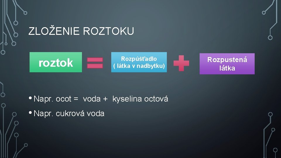 ZLOŽENIE ROZTOKU roztok • Napr. ocot = voda + • Napr. cukrová voda Rozpúšťadlo