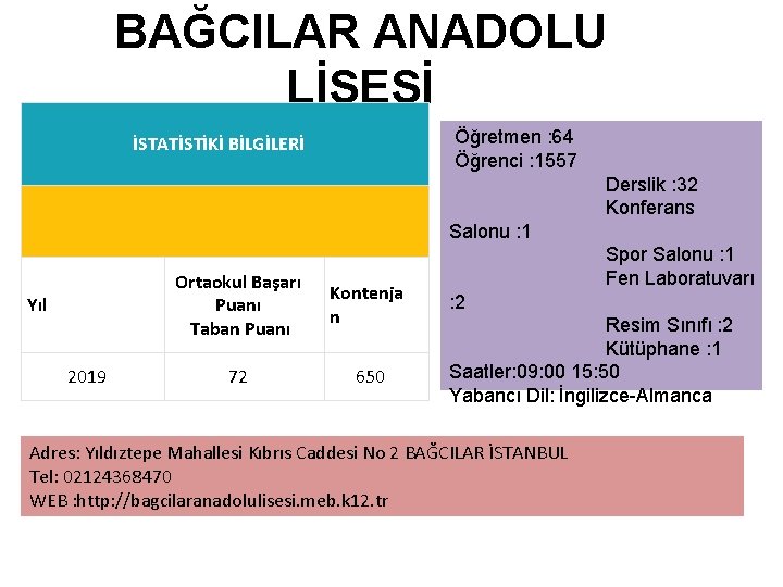 BAĞCILAR ANADOLU LİSESİ Öğretmen : 64 Öğrenci : 1557 İSTATİSTİKİ BİLGİLERİ Derslik : 32