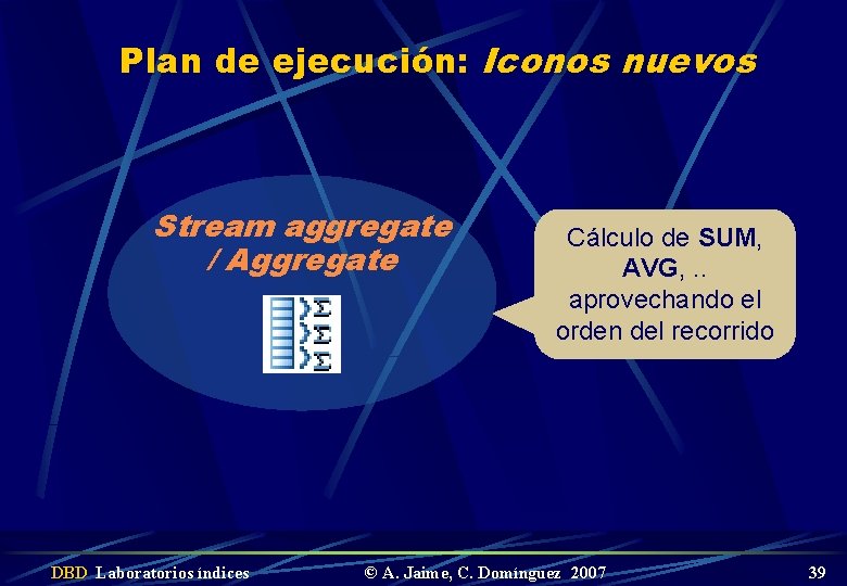 Plan de ejecución: Iconos nuevos Stream aggregate / Aggregate DBD Laboratorios índices Cálculo de