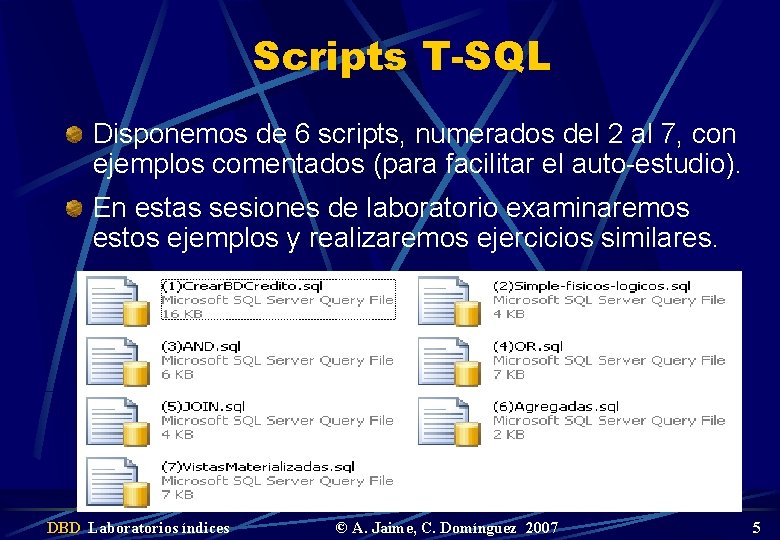 Scripts T-SQL Disponemos de 6 scripts, numerados del 2 al 7, con ejemplos comentados