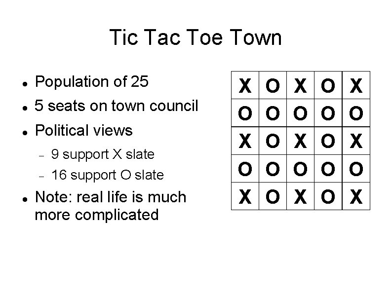 Tic Tac Toe Town Population of 25 5 seats on town council Political views