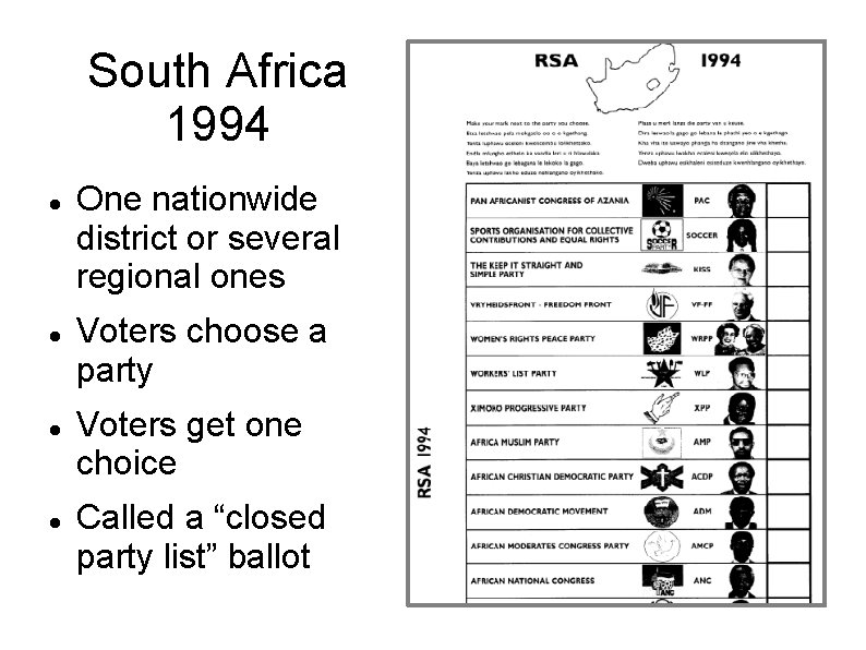 South Africa 1994 One nationwide district or several regional ones Voters choose a party