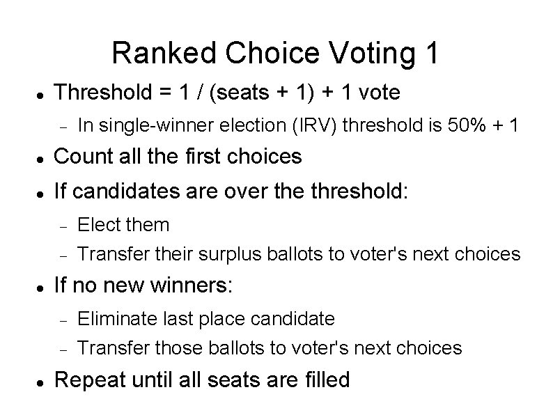 Ranked Choice Voting 1 Threshold = 1 / (seats + 1) + 1 vote