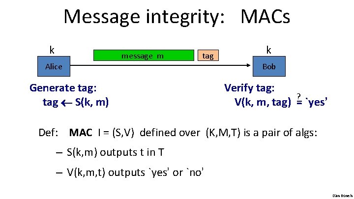 Message integrity: MACs k message m tag Alice Generate tag: tag S(k, m) k