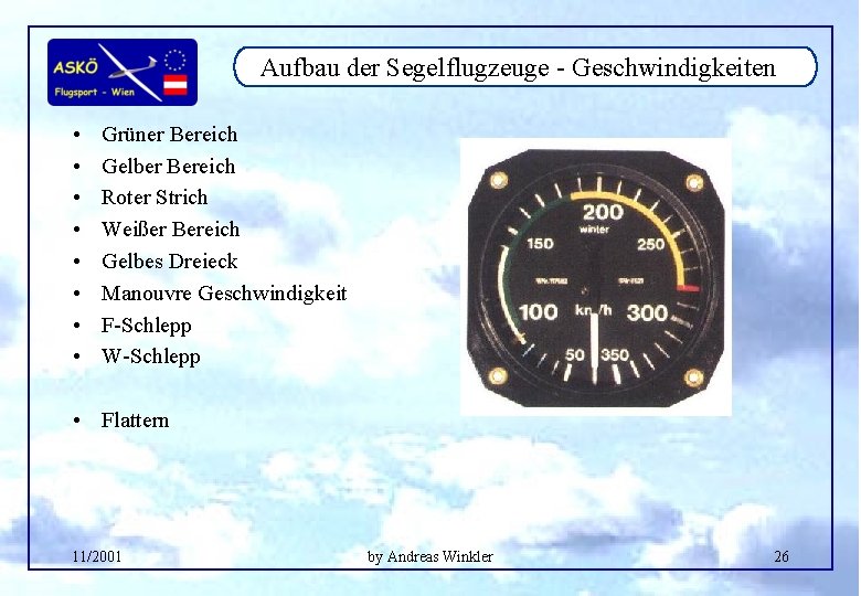 Aufbau der Segelflugzeuge - Geschwindigkeiten • • Grüner Bereich Gelber Bereich Roter Strich Weißer