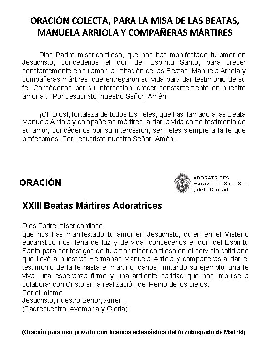 ORACIÓN COLECTA, PARA LA MISA DE LAS BEATAS, MANUELA ARRIOLA Y COMPAÑERAS MÁRTIRES Dios