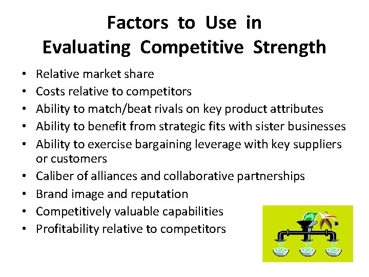 Factors to Use in Evaluating Competitive Strength • • • Relative market share Costs