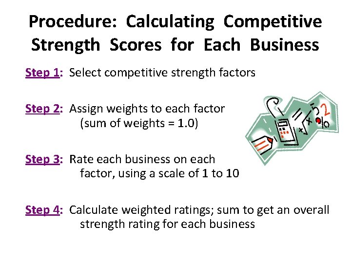 Procedure: Calculating Competitive Strength Scores for Each Business Step 1: Select competitive strength factors