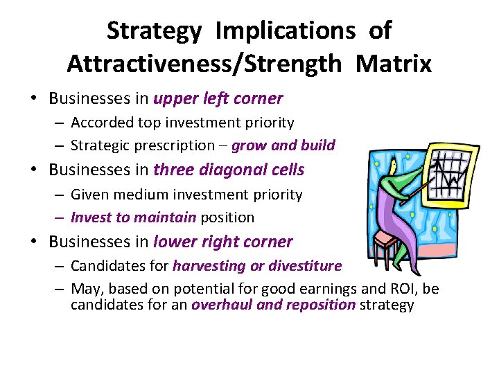 Strategy Implications of Attractiveness/Strength Matrix • Businesses in upper left corner – Accorded top