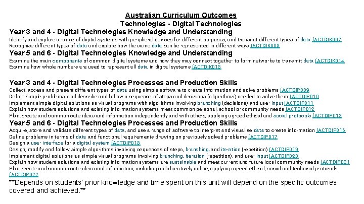 Australian Curriculum Outcomes Technologies - Digital Technologies Year 3 and 4 - Digital Technologies