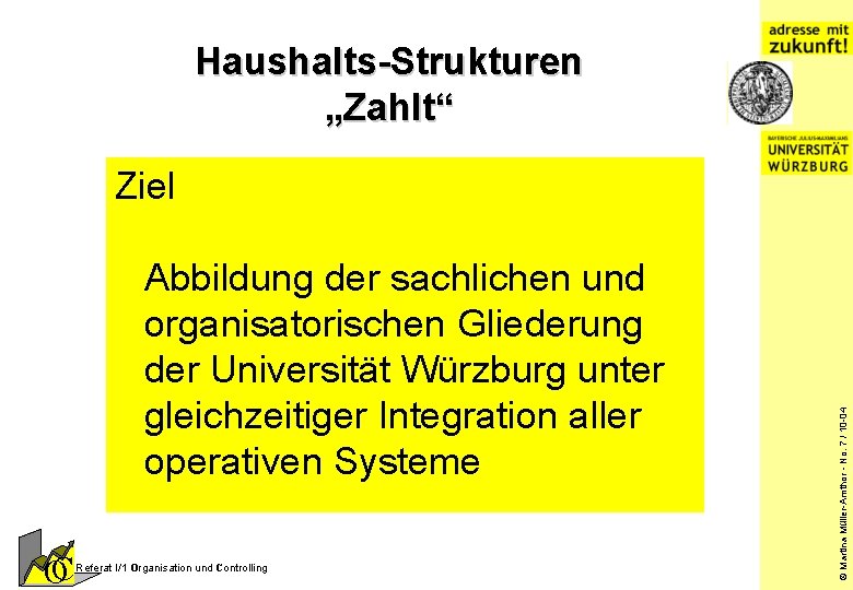 Haushalts-Strukturen „Zahlt“ Abbildung der sachlichen und organisatorischen Gliederung der Universität Würzburg unter gleichzeitiger Integration