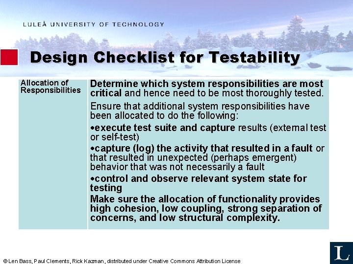 Design Checklist for Testability Allocation of Responsibilities Determine which system responsibilities are most critical