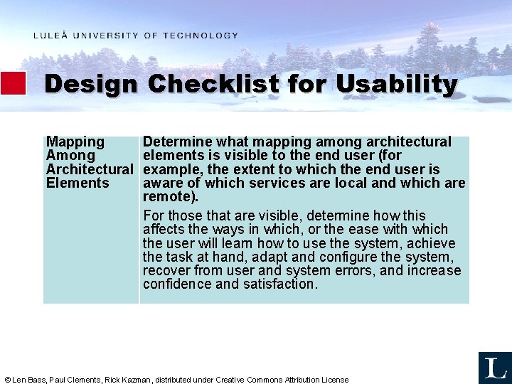 Design Checklist for Usability Mapping Among Architectural Elements Determine what mapping among architectural elements Design Checklist for Usability Mapping Among Architectural Elements Determine what mapping among architectural elements