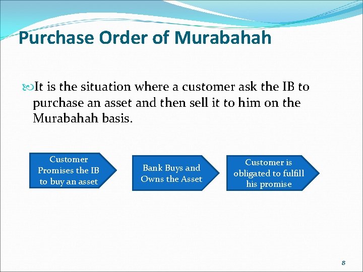 Purchase Order of Murabahah It is the situation where a customer ask the IB