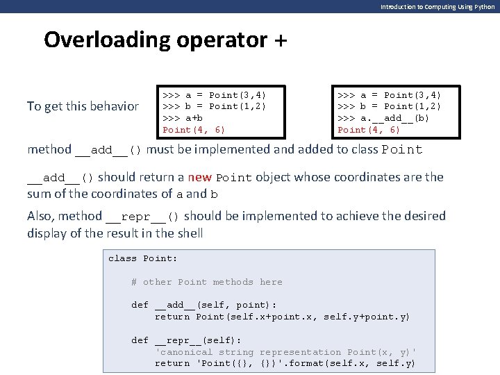 Introduction to Computing Using Python Overloading operator + To get this behavior >>> a Introduction to Computing Using Python Overloading operator + To get this behavior >>> a