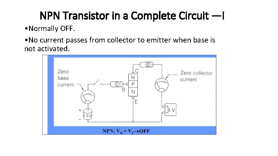 NPN Transistor in a Complete Circuit —I • Normally OFF. • No current passes NPN Transistor in a Complete Circuit —I • Normally OFF. • No current passes