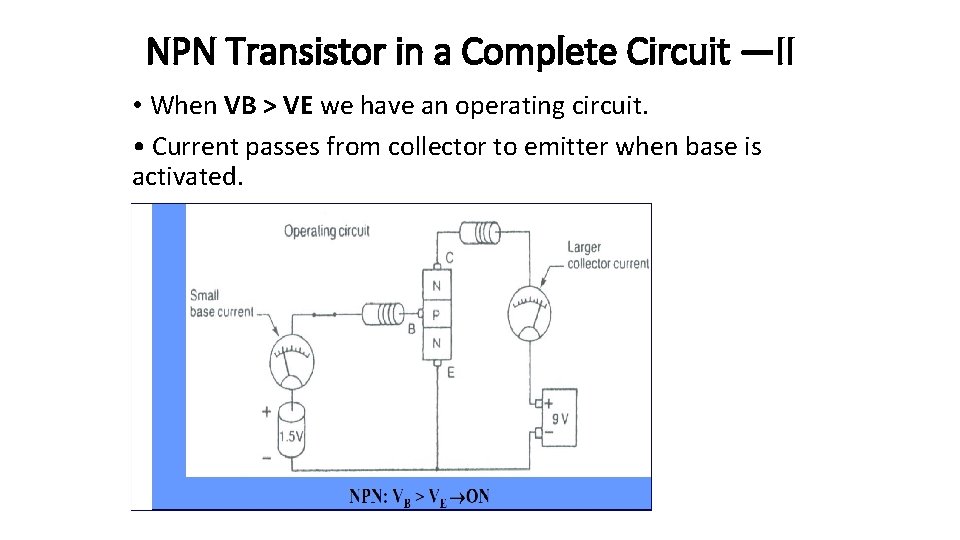 NPN Transistor in a Complete Circuit —II • When VB > VE we have NPN Transistor in a Complete Circuit —II • When VB > VE we have