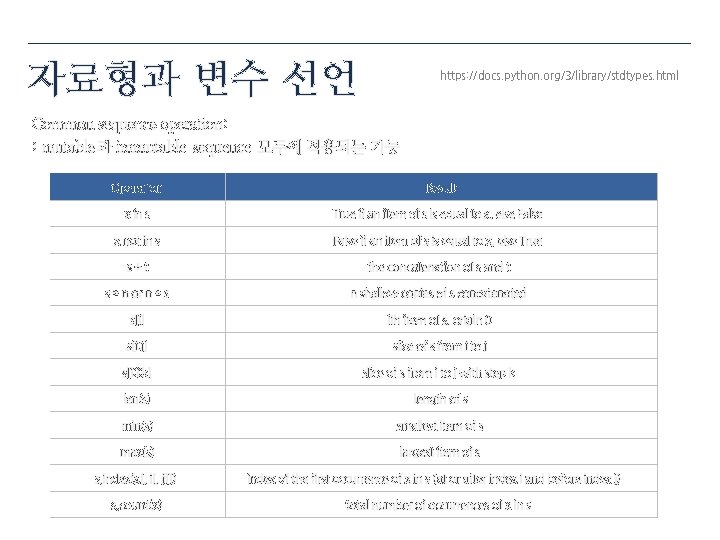 자료형과 변수 선언 https: //docs. python. org/3/library/stdtypes. html Common sequence operation: : mutable 과