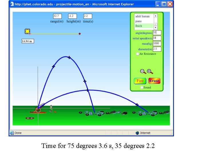 (angle only variatio n) Time for 75 degrees 3. 6 s, 35 degrees 2.