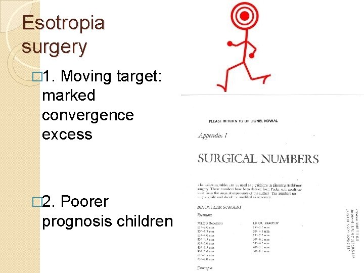 Esotropia surgery � 1. Moving target: marked convergence excess � 2. Poorer prognosis children