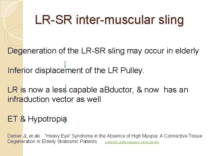 LR-SR inter-muscular sling Degeneration of the LR-SR sling may occur in elderly Inferior displacement