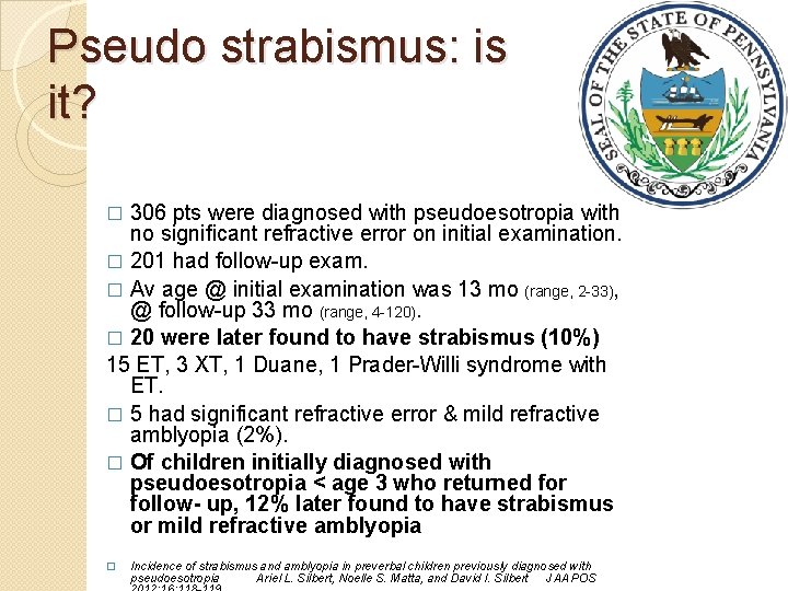 Pseudo strabismus: is it? 306 pts were diagnosed with pseudoesotropia with no signiﬁcant refractive