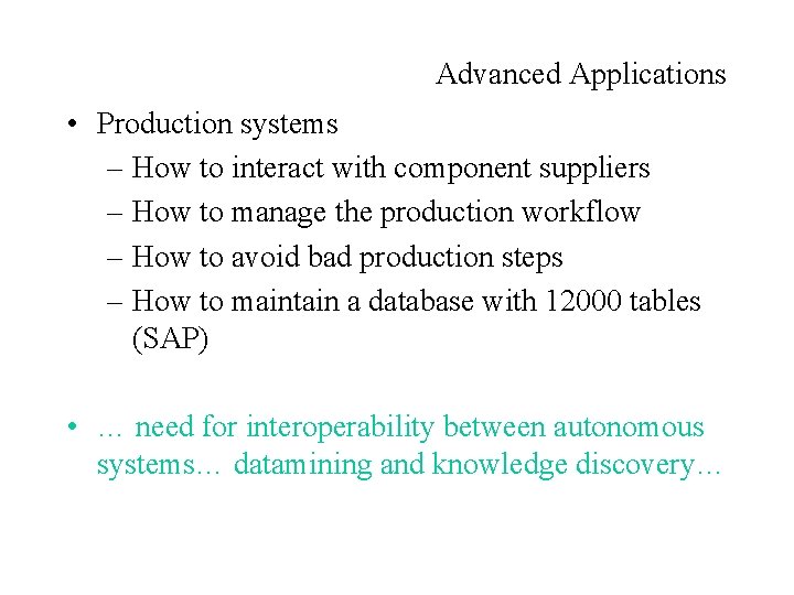Advanced Applications • Production systems – How to interact with component suppliers – How