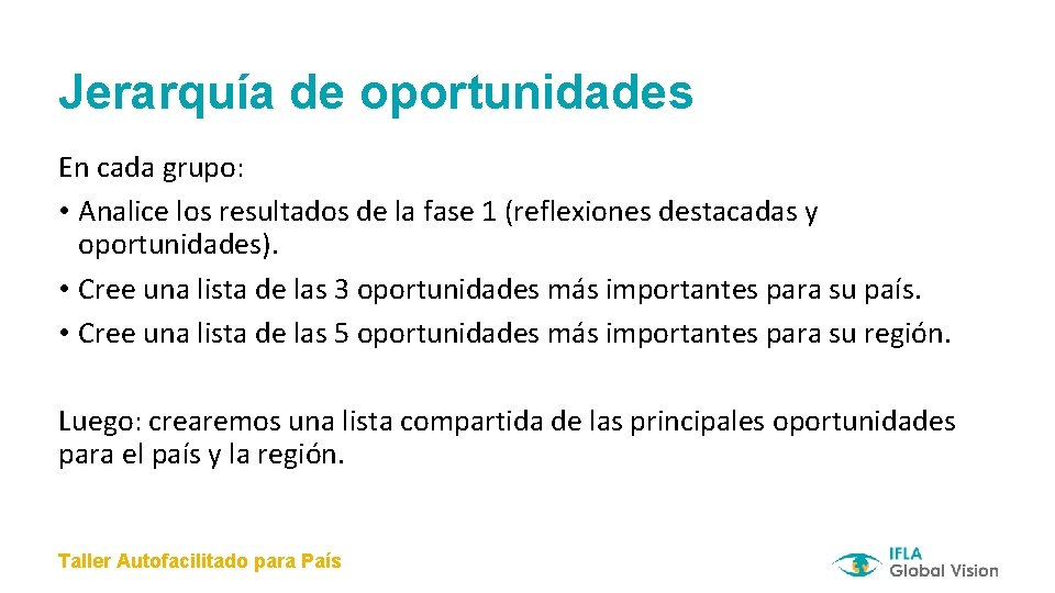 Jerarquía de oportunidades En cada grupo: • Analice los resultados de la fase 1