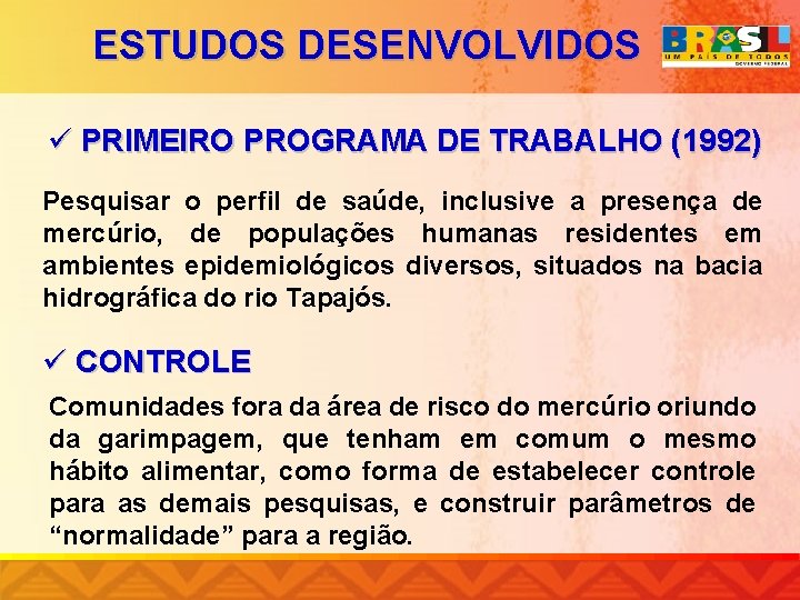 ESTUDOS DESENVOLVIDOS ü PRIMEIRO PROGRAMA DE TRABALHO (1992) Pesquisar o perfil de saúde, inclusive
