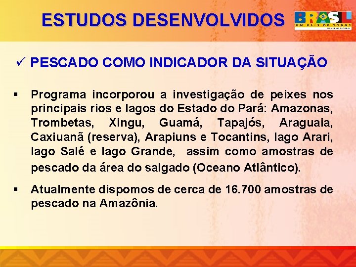 ESTUDOS DESENVOLVIDOS ü PESCADO COMO INDICADOR DA SITUAÇÃO § Programa incorporou a investigação de