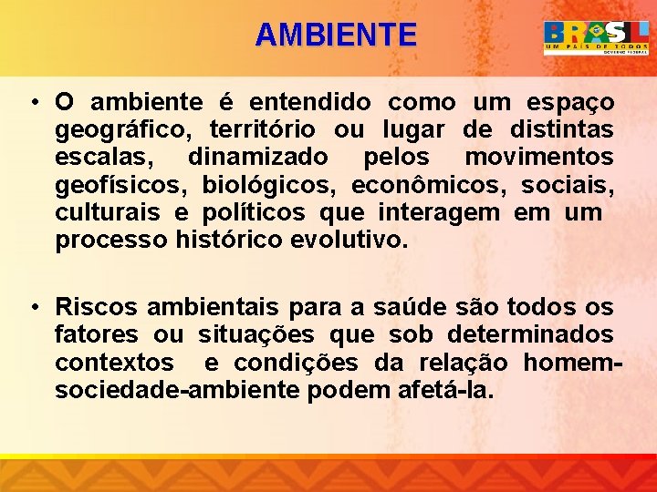 AMBIENTE • O ambiente é entendido como um espaço geográfico, território ou lugar de