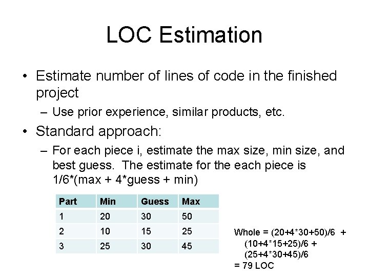 LOC Estimation • Estimate number of lines of code in the finished project – LOC Estimation • Estimate number of lines of code in the finished project –