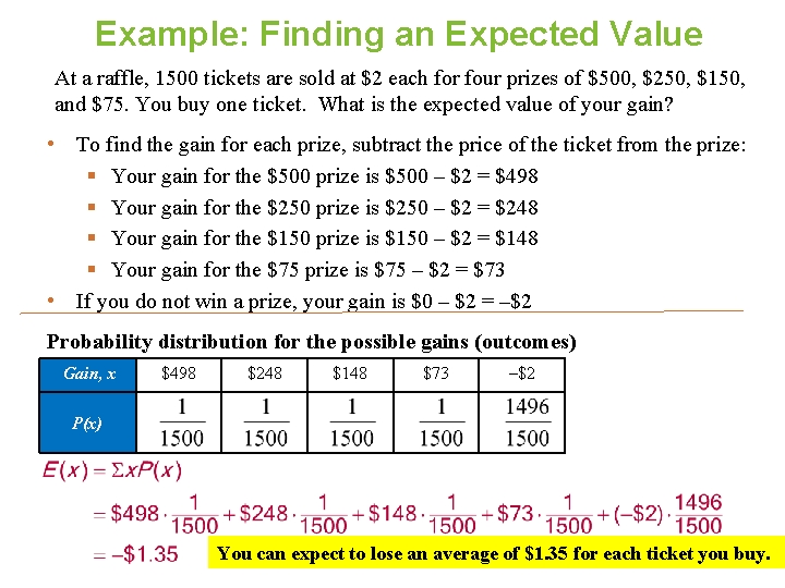 Example: Finding an Expected Value At a raffle, 1500 tickets are sold at $2