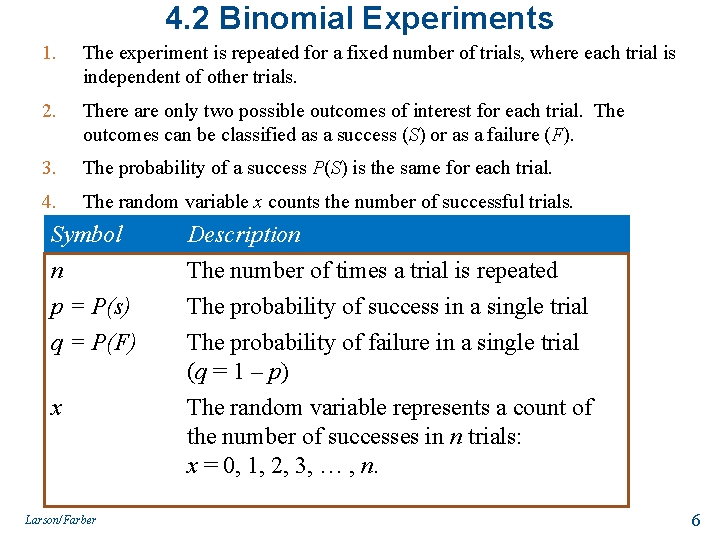 4. 2 Binomial Experiments 1. The experiment is repeated for a fixed number of