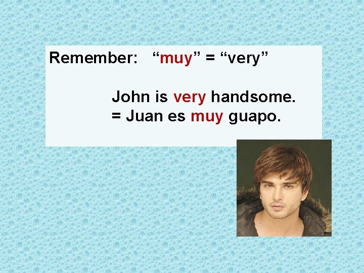 Remember: “muy” = “very” John is very handsome. = Juan es muy guapo. 