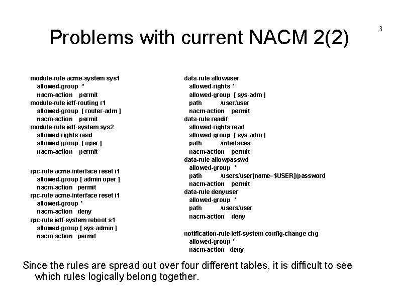 Problems with current NACM 2(2) module-rule acme-system sys 1 allowed-group * nacm-action permit module-rule