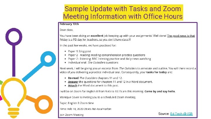 Sample Update with Tasks and Zoom Meeting Information with Office Hours Source: Ed Tech