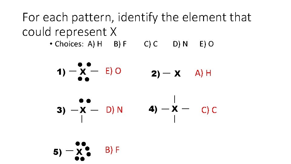 For each pattern, identify the element that could represent X • Choices: A) H