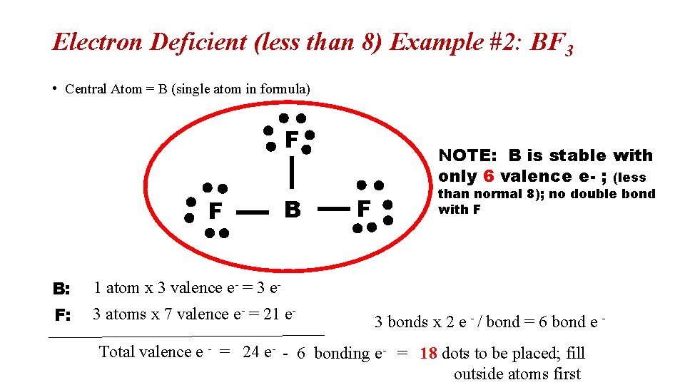 Electron Deficient (less than 8) Example #2: BF 3 • Central Atom = B