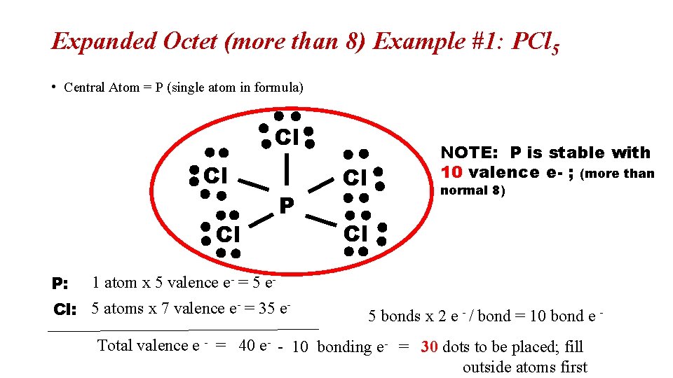 Expanded Octet (more than 8) Example #1: PCl 5 • Central Atom = P