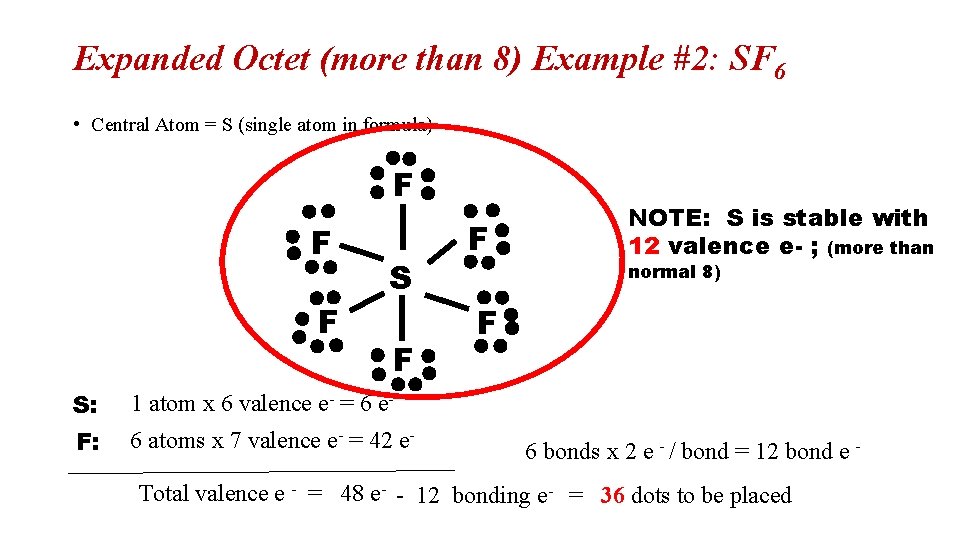 Expanded Octet (more than 8) Example #2: SF 6 • Central Atom = S