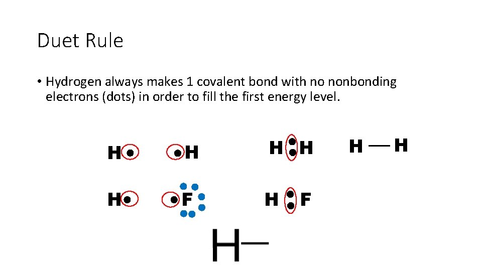 Duet Rule • Hydrogen always makes 1 covalent bond with no nonbonding electrons (dots)