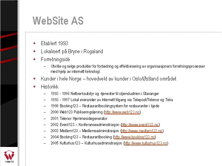 Web. Site AS w Etablert 1993 w Lokalisert på Bryne i Rogaland w Forretningsidé