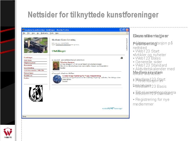 Nettsider for tilknyttede kunstforeninger Grunnløsningen Flere alternativer • Publisering Aktørpresentasjon på nettsted • Web