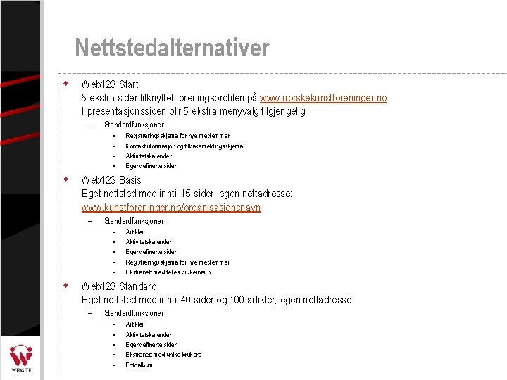 Nettstedalternativer w Web 123 Start 5 ekstra sider tilknyttet foreningsprofilen på www. norskekunstforeninger. no